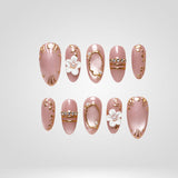 Floral Muse 3D press-on nails with hand-painted floral embellishments on gradient crimson and blush base