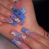 Blue Bloom 3D press-on nails — sky blue florals on square nails