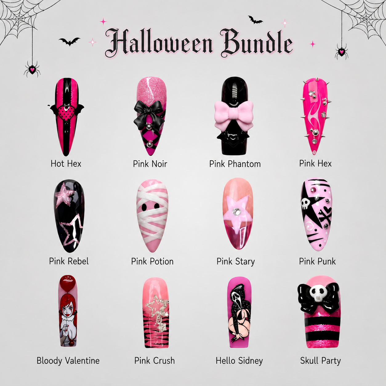 Pink Hex 12-set Halloween bundle with assorted spooky nail designs
