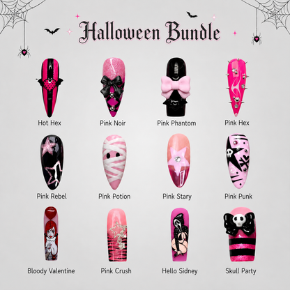 Pink Hex 12-set Halloween bundle with assorted spooky nail designs