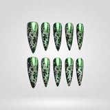 Venom Lace green lace vine cat eye press-on nails in a stiletto shape - lace, witch design