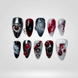 Creepy Clown press-on nails — red, black and white horror clown design on nail set