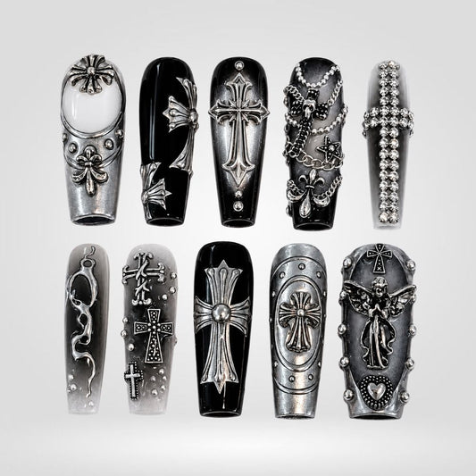 Silver Relic antique gothic press-on nails with crosses on coffin shape