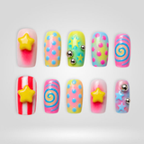 Candy Swirl 3D press-on nails with swirl pattern and floral embellishments