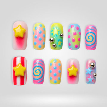 Candy Swirl 3D press-on nails with swirl pattern and floral embellishments