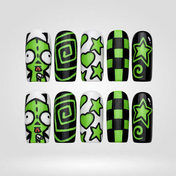 Acid Trip press-on nails — neon green with psychedelic swirls on square shape