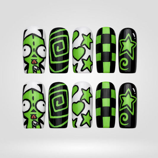 Acid Trip press-on nails — neon green with psychedelic swirls on square shape