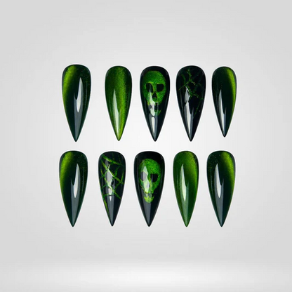 Toxic Phantom toxic skull cat eye press-on nails in a stiletto shape - skull, spider web, bat design