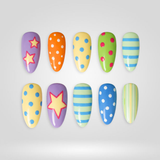 Playful Stripe almond press-on nails with polka-dot pattern