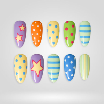 Playful Stripe almond press-on nails with polka-dot pattern