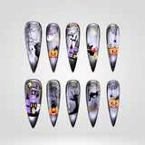 Shadow Mystic haunted village cat eye press-on nails in a stiletto shape - witch, spider web, cat design