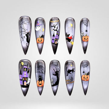 Shadow Mystic haunted village cat eye press-on nails in stiletto shape