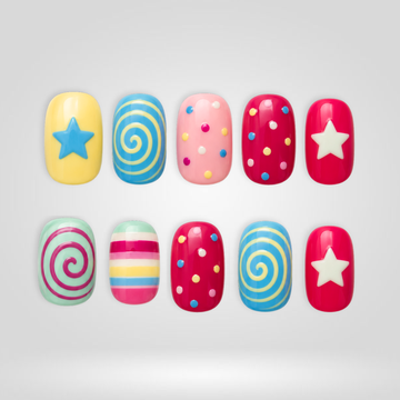 Colorful Candy 3D press-on nails with vibrant paint and blooms