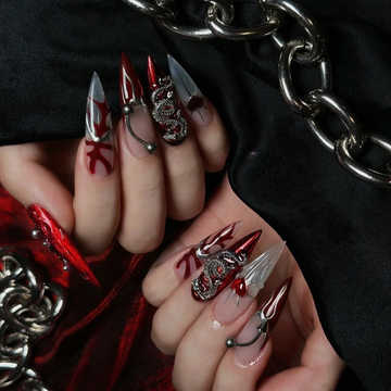 Blood Rose press-on nails — deep crimson red and black with gothic floral design, stiletto shape