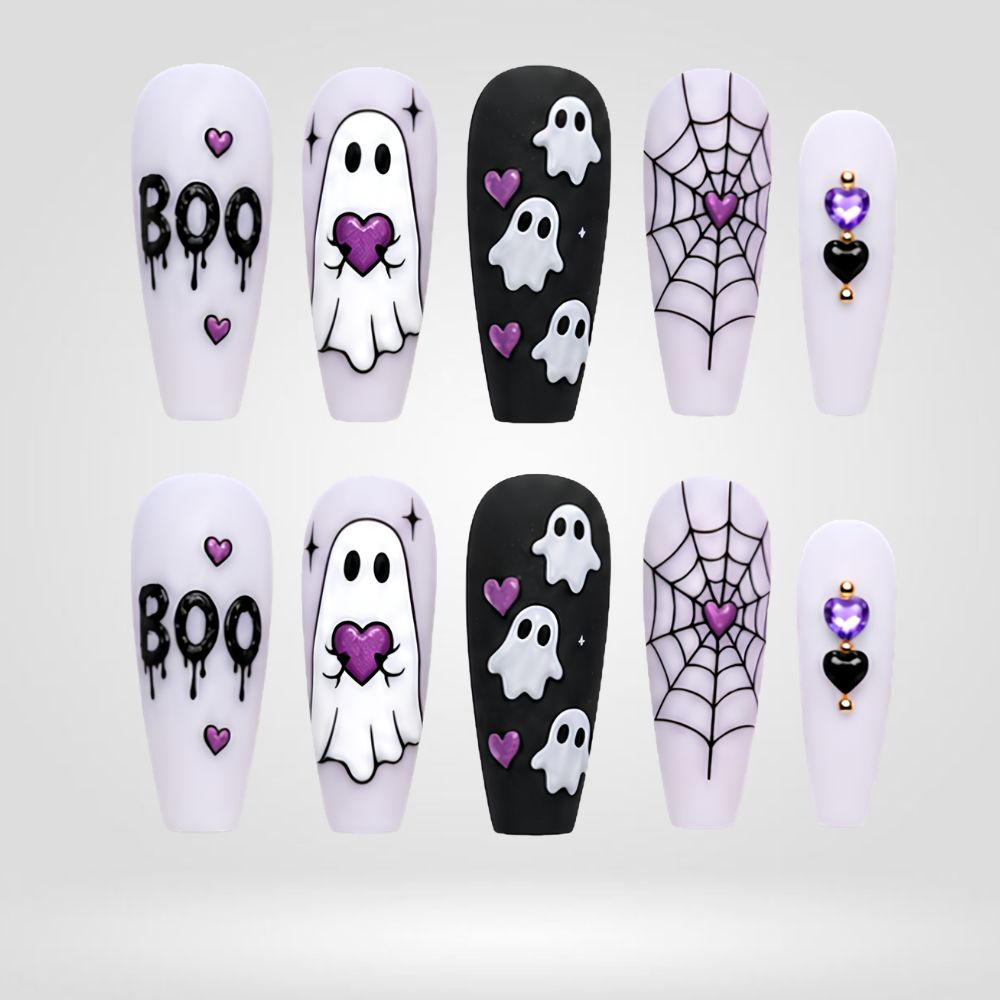 Boo Crew | Purple Ghost & Spiderweb Halloween Press-On Nails – Coffin