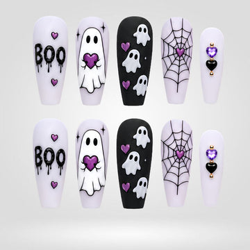 Boo Crew purple press-on nails — ghosts and spiderwebs on coffin nails