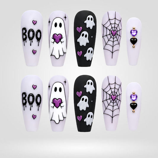 Boo Crew | Purple Ghost & Spiderweb Halloween Press-On Nails – Coffin