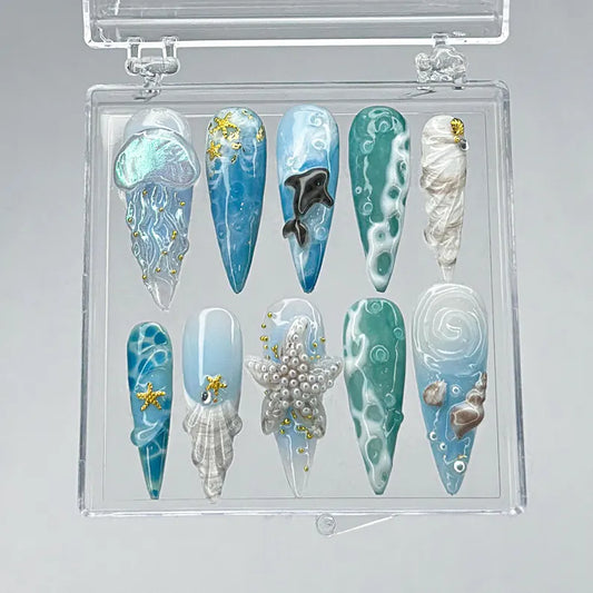 Ocean Breeze Nailbox – Jellyfish, Starfish & Shell Press-On Nails