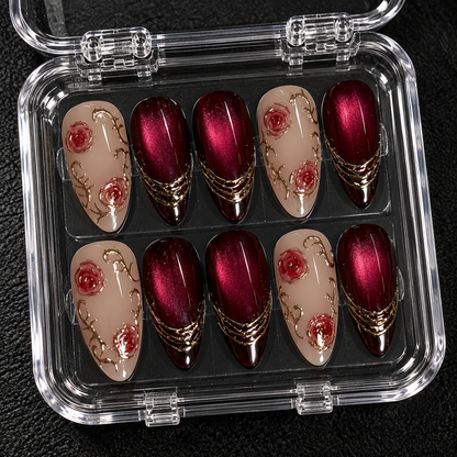 Crimson Rose Noir Press-On Nails with Gilded Filigree