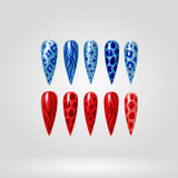 Frost Bite ice and blood cat eye press-on nails in stiletto shape - leopard, flame design