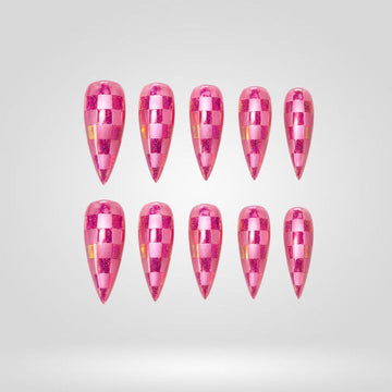 Candy Crypt press-on nails — hand-painted hot pink jelly checkerboard cat eye on stiletto shape