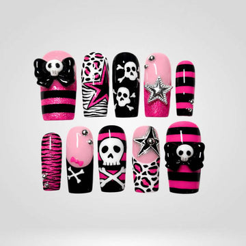 Skull Party Y2K press-on nails — hot pink and black skull checker design