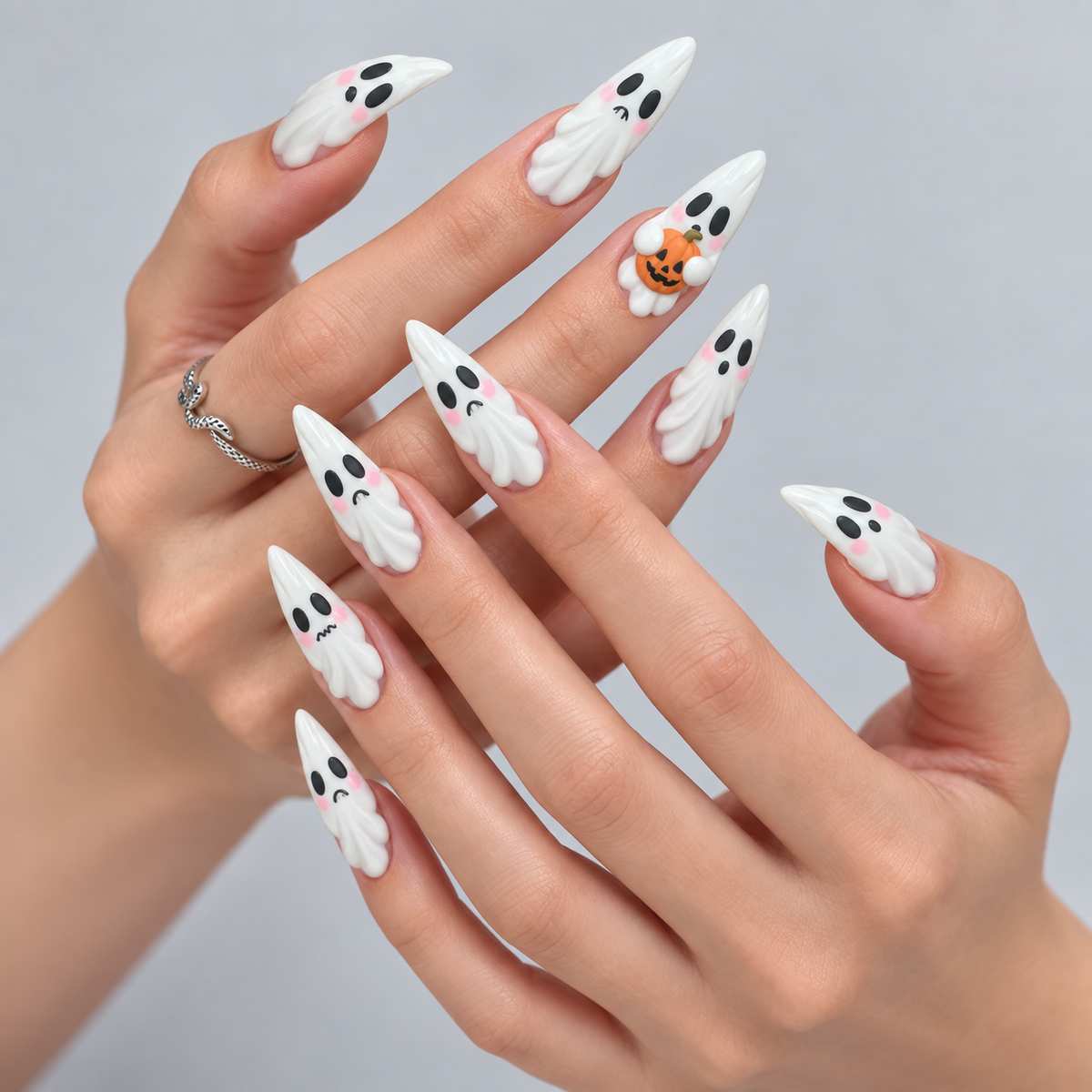 Pumpkin Boo Halloween Almond Press-On Nails