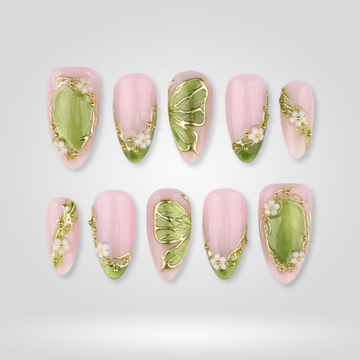 Olive Blossom press-on nails with 3D olive green floral design