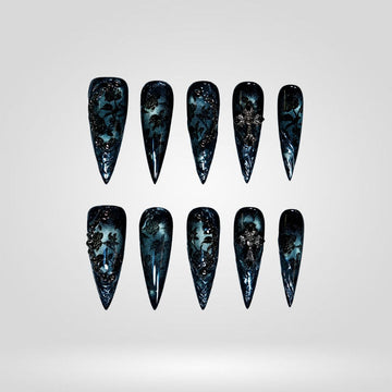 Midnight Galaxy press-on nails — dark blue cat eye cosmic design