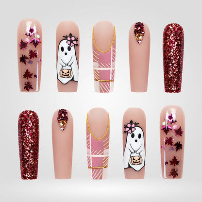 Autumn Boo | Maple Leaf Ghost Halloween Press-On Nails – Coffin