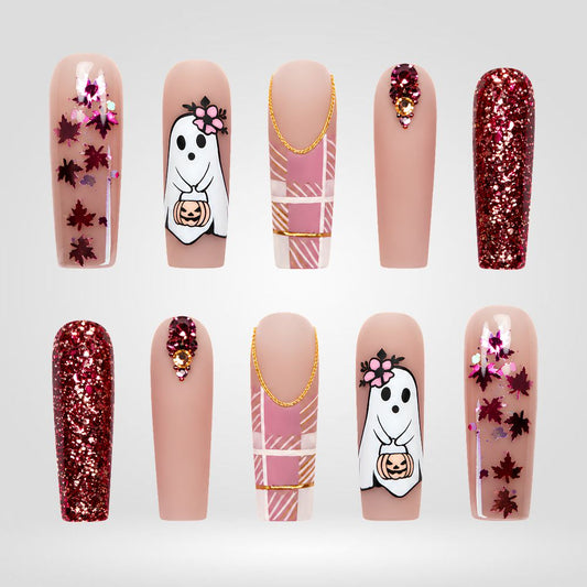 Autumn Boo | Maple Leaf Ghost Halloween Press-On Nails – Coffin