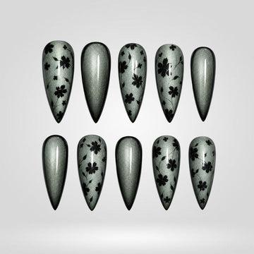 Sage Bloom cat-eye press-on nails with floral details