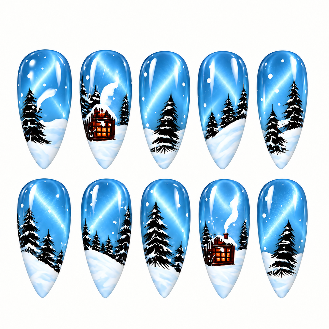 Snowlight Cabin Press-On Nails — Blue Winter Forest