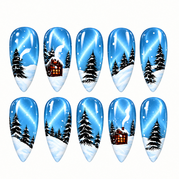 Snowlight Cabin Press-On Nails — Blue Winter Forest