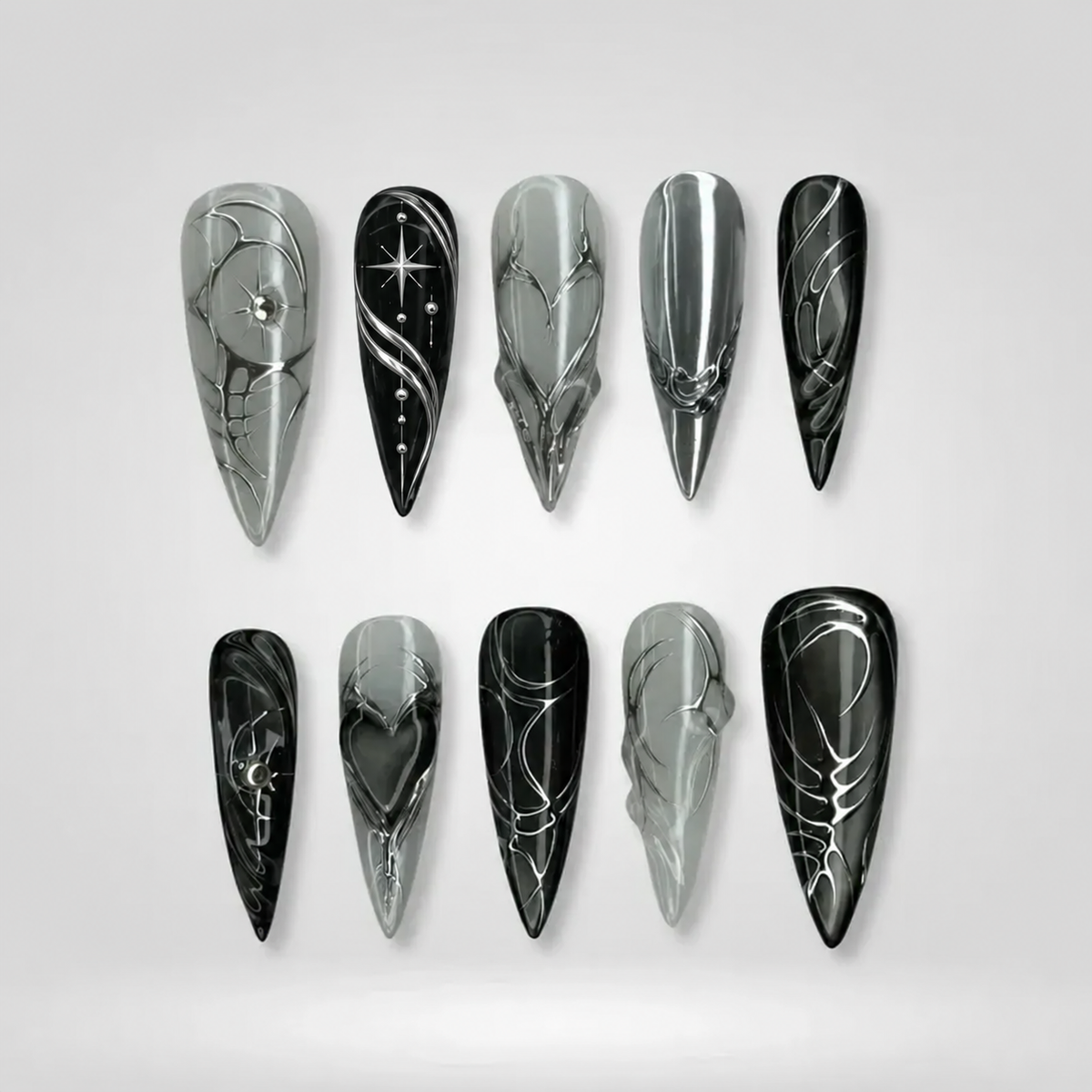 Silver Abyss Gothic Stiletto Press-On Nails