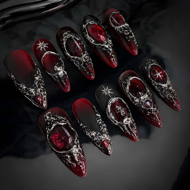 Gothic Rose 3D press-on nails with hand-painted floral accents
