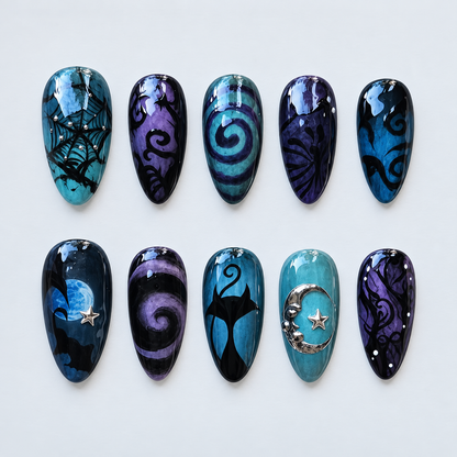 Moonlit Whiskers Halloween Almond Press-On Nails
