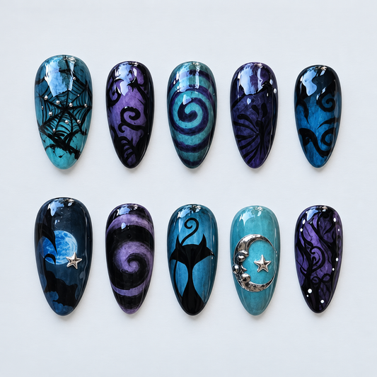 Moonlit Whiskers Halloween Almond Press-On Nails