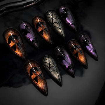 Amber Witch press-on nails — handmade cat eye with spiderweb and witch silhouette on stiletto shape
