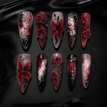 Bloody Rose press-on nails — 3D floral horror design on stiletto nails
