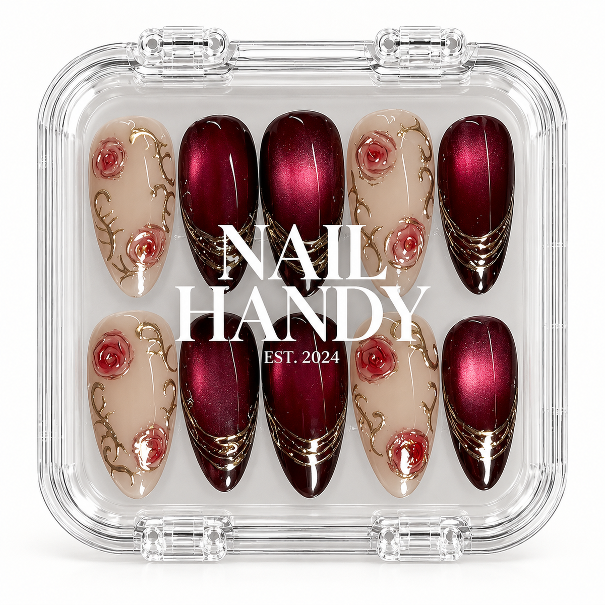 Crimson Rose Noir Press-On Nails with Gilded Filigree