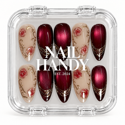 Crimson Rose Noir Press-On Nails with Gilded Filigree