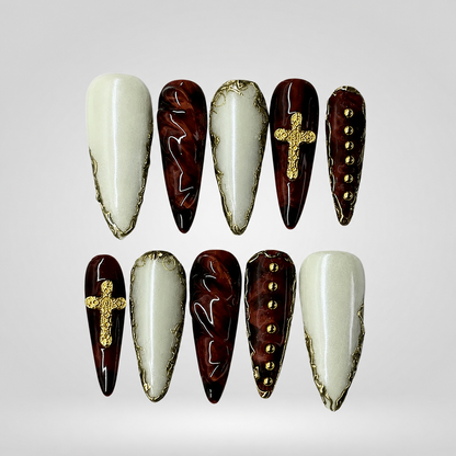 Ivory Cross Pearl & Gold Press-On Nails