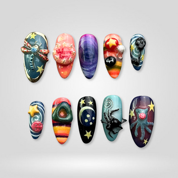 Spooky Season press-on nails — pumpkin patch, ghost and bat designs on almond nails