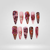 Wine Blossom Square press-on nails — 3D sculpted florals with burgundy and rosy pink tones