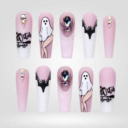 Witch Please | Pink Ghost & Jeweled Spider Halloween Press-On Nails – Coffin