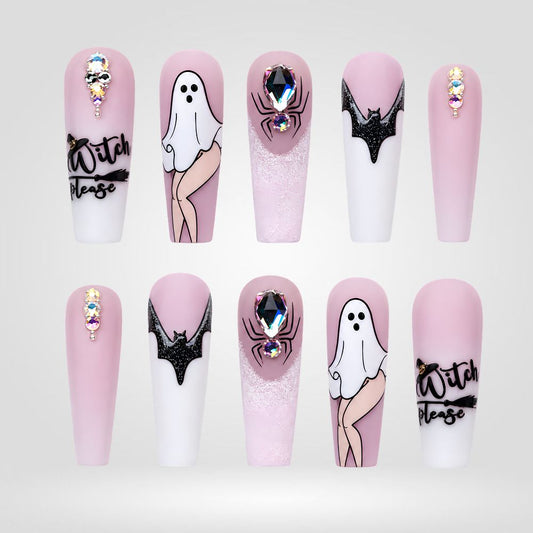 Witch Please | Pink Ghost & Jeweled Spider Halloween Press-On Nails – Coffin