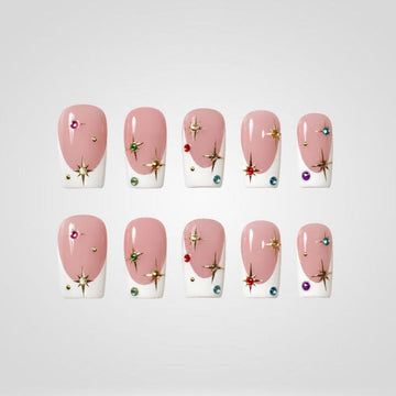 Crystal Gem 3D floral press-on nails in soft pink with gold accents