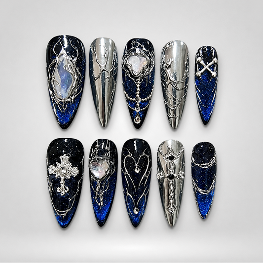 Midnight Halo 3D gothic press-on nails with raised studs, rings and chrome details
