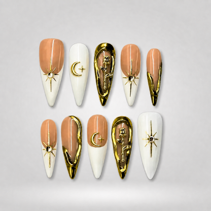 Golden Star 3D White & Nude Press-On Nails